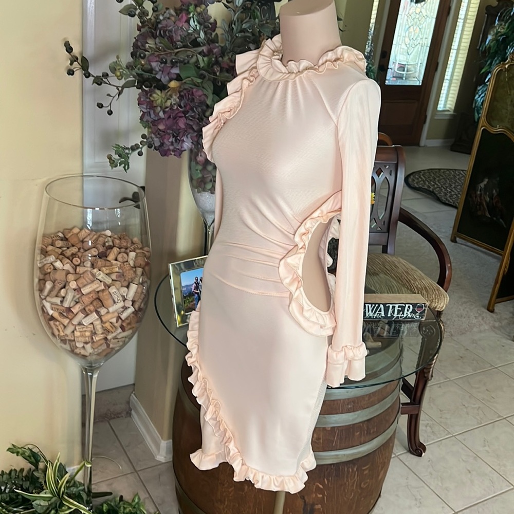 Sexy cream ruffle stretch dress exposed shoulder and waist cut out